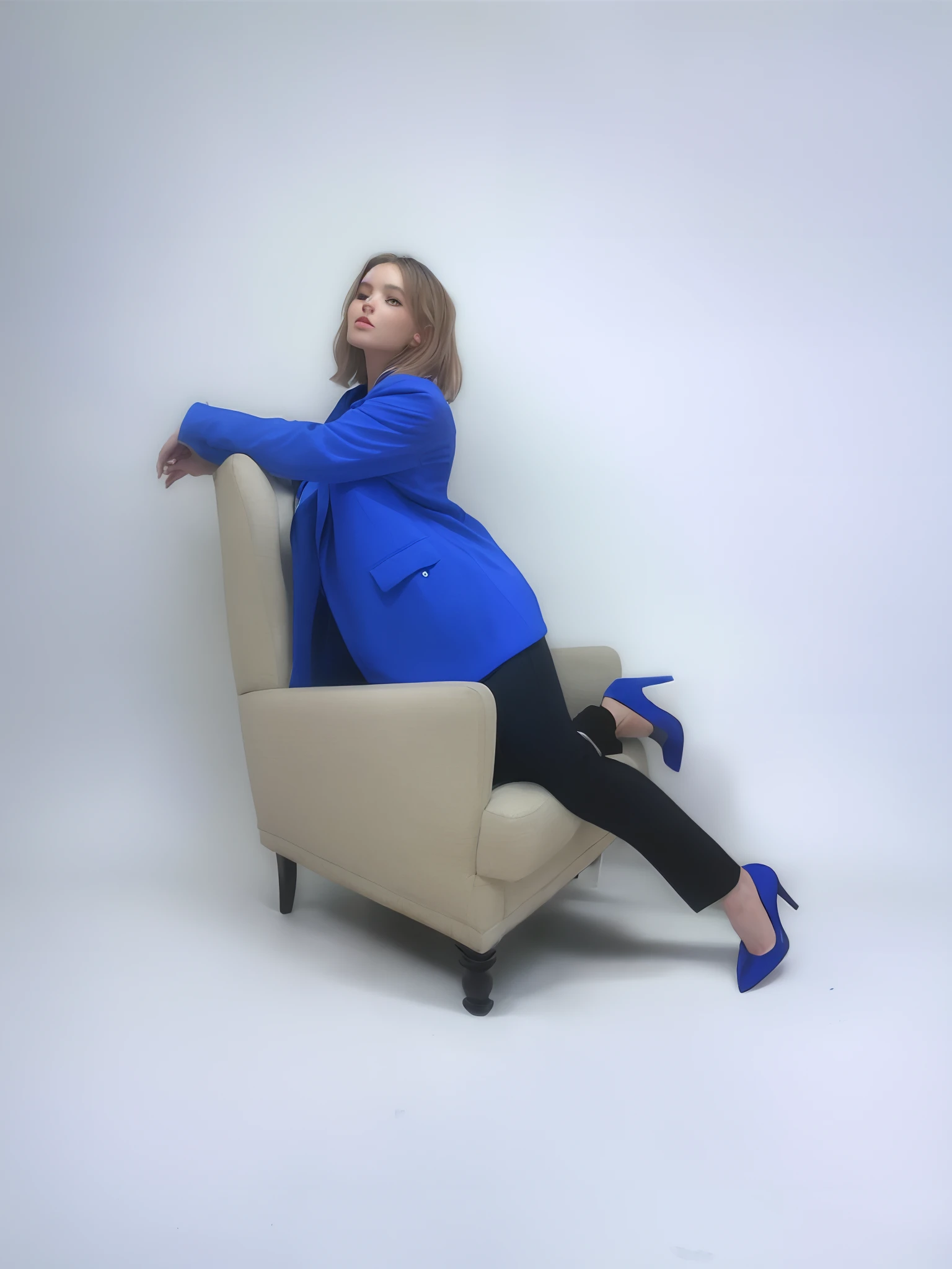 Woman sitting in chair with outstretched arms, Performing an elegant pose, in the style of Britt Marling, sitting in a chair, Advertising photo shoot, Random Pose, an artistic pose, sits on a chair, Striking a pose, sits on a chair, blue coat, sitting in chair, very artistic pose, high - end fashion photoshoot, White Studio, Clean floor