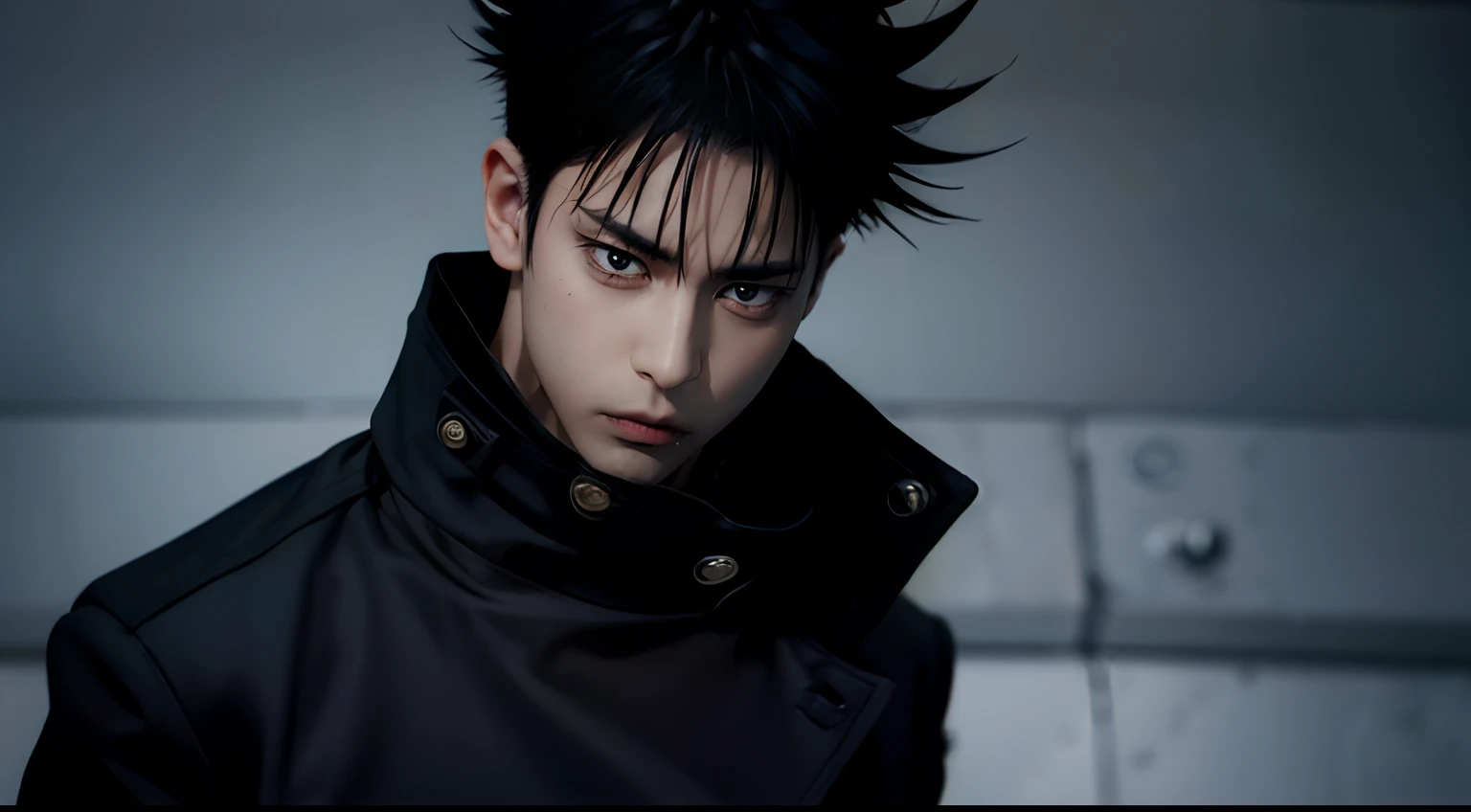 fushiguro_megumi, black hair, spiked hair, black eyes, school uniform, black jacket, high collar, detailed face, detailed eyes, handsome, upper body, film grain