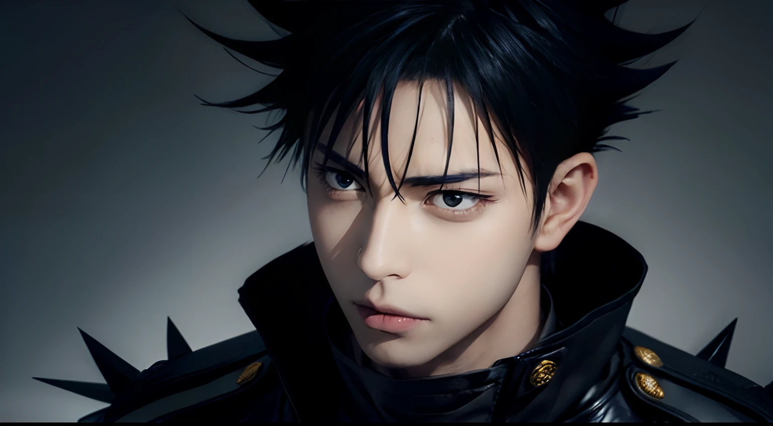 fushiguro_megumi, black hair, spiked hair, black eyes, school uniform, black jacket, high collar, detailed face, detailed eyes, handsome, upper body