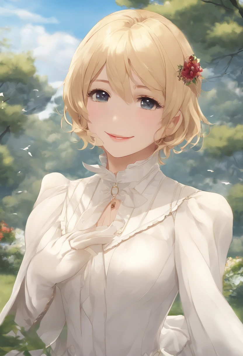 ((masterpiece,best quality)),1girl,solo, (((Chisato Nishikigi))), short hair, light yellow hair, solo, dress, detail eyes, looking at viewer, long sleeves, standing, white dress, gloves,hair ornament, black jacket, smile, floating hair, dutch angle, closed mouth, looking away, (center park),cloudy sky, blue sky, warm color,