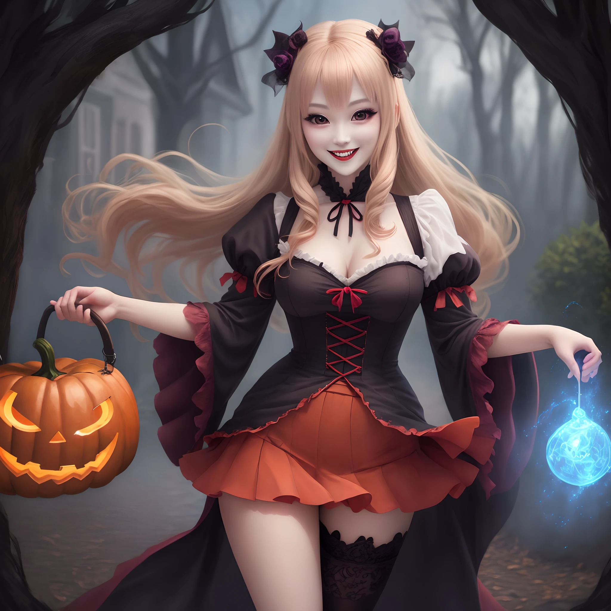 Hot adult anime women in very revealing costumes trick or treating in a grave yard with monsters in the style of anime.