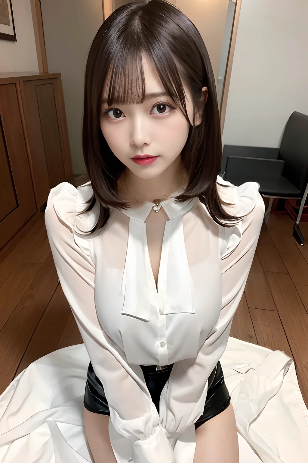 huge tit g-cup Beautiful breasts wearing a white blouse with long sleeves and a collar, Wearing a shiny black leather miniskirt thin legs are visible