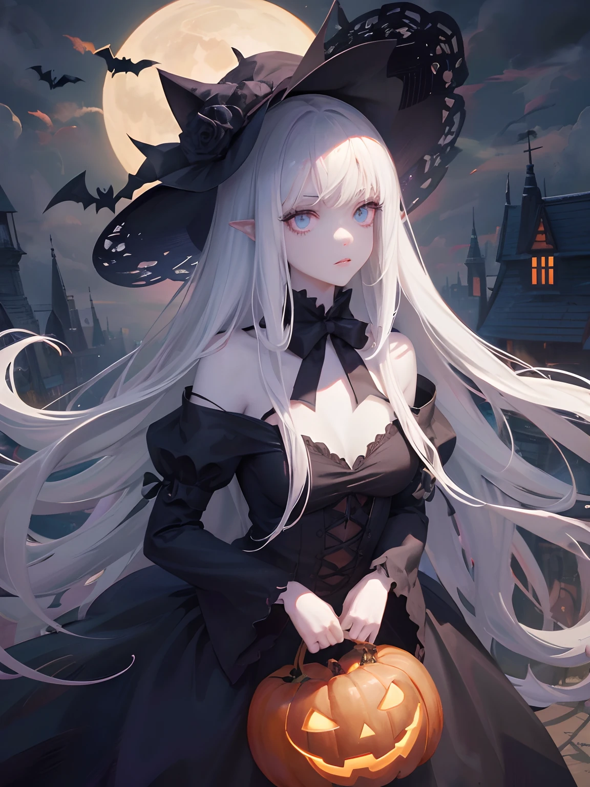 masutepiece, Highest Quality, (Perfect face:1.1), (high detailing:1.1), (ultradetailed eyes), Dramatic,  superfine illustration, Extremely detailed, 1girl in, (pale skin), long white hair, Ethereal eyes, (light eyebrow), Solo, Long hair, Pouty lips, Cinematic lighting, Black cat, Cat's ears, Halloween atmosphere,(Half-body image:1.5), Halloween Floating Lights, pondering, Halloween Jack Lantern, calm night, Beautiful atmosphere, Skylight at night, Peaceful evening atmosphere, Jack-o'-lantern, Halloween, the night, themoon, Halloween, Surrounded by clouds