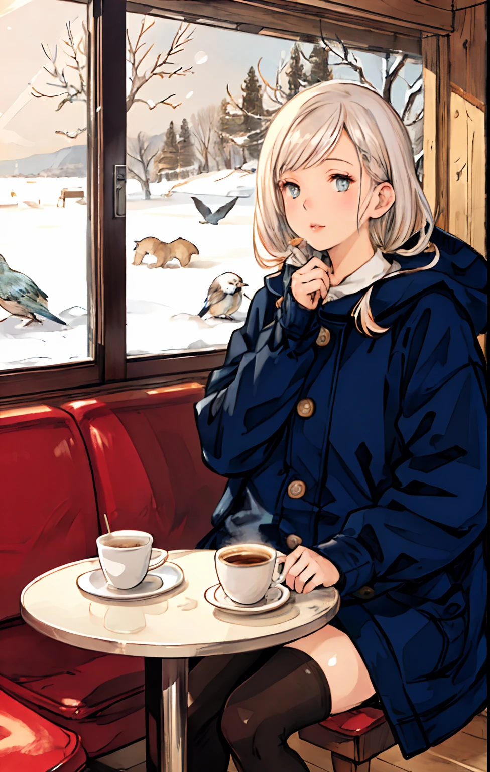 (best quality, detailed background, girl, sea, cafe, birds, snow, winter), detailed eyes and lips, snowy landscape, cozy cafe interior, serene sea view, vibrant bird species, winter clothing, warm atmosphere, soft lighting, tranquil ambiance, realistic and vivid colors.