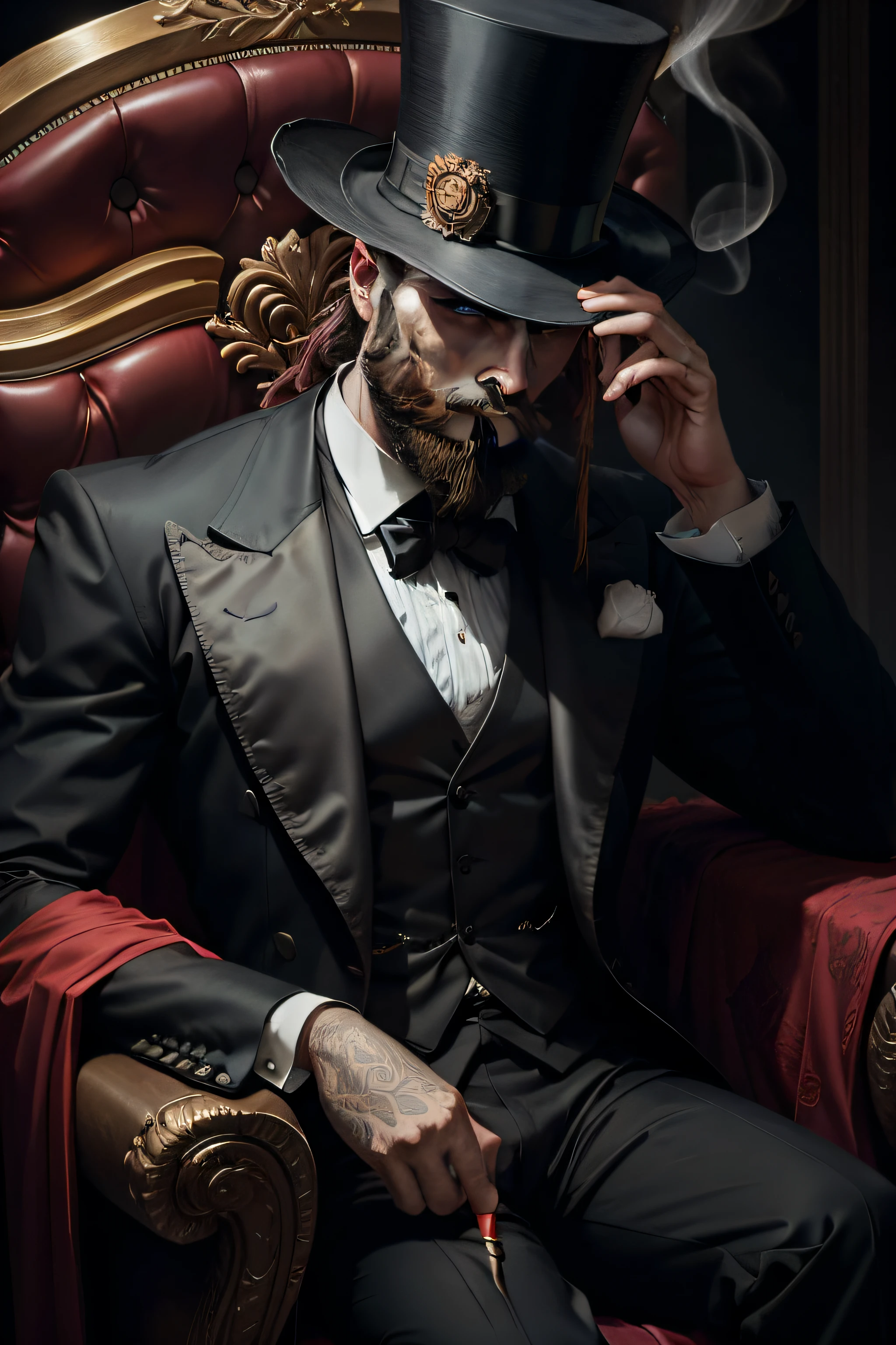 bearded man seated on a throne in darkness. He wears a suit, a top hat covering his eyes, and holds a cigarette. In his hand, he clutches a trident, and he is adorned with a cape.