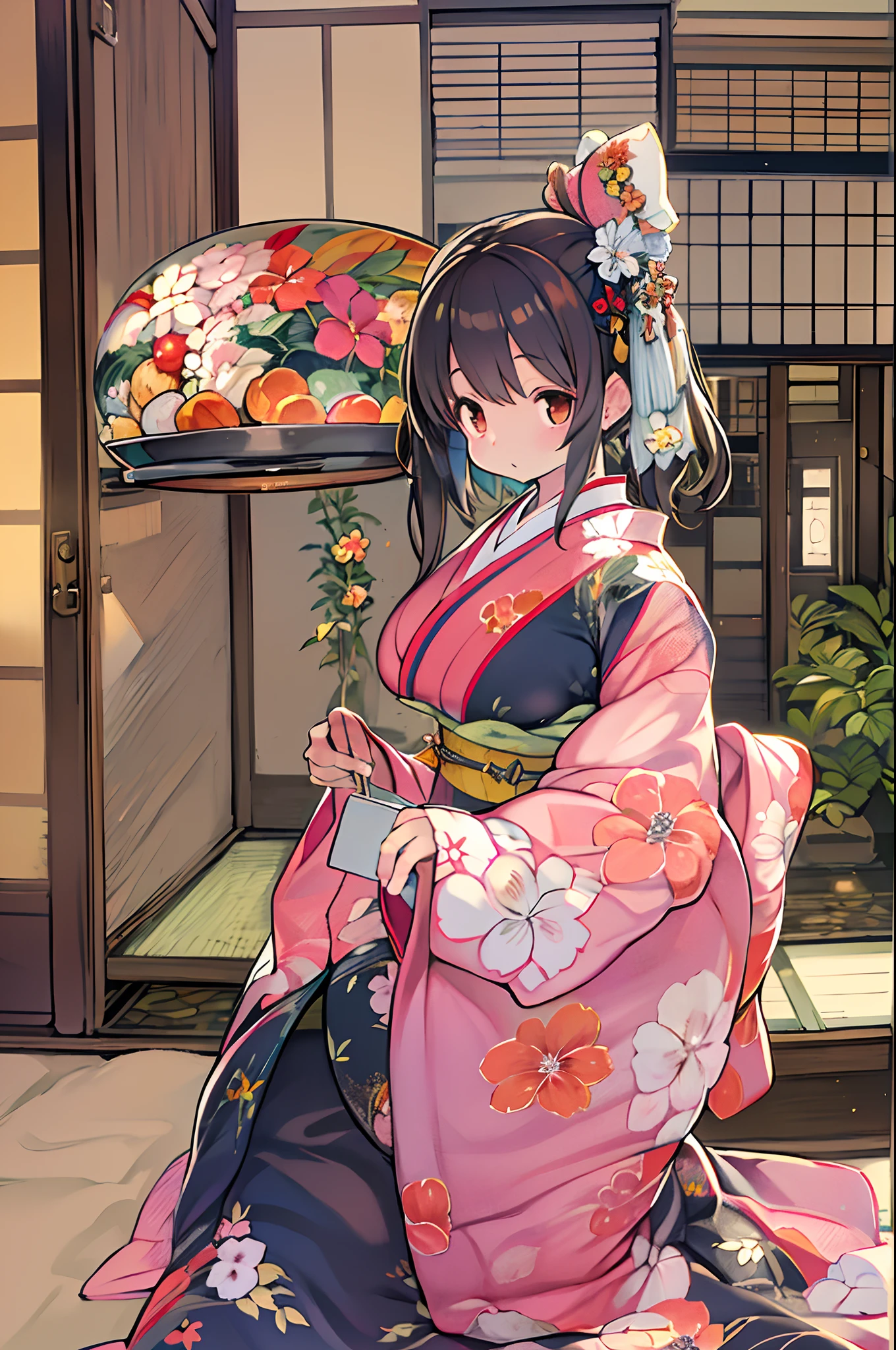 (8K, Best Quality, masutepiece, Ultra high definition: 1.2),Kimono,traditional Japanese room,Hakama,fullllbody、huge-breasted、bbw