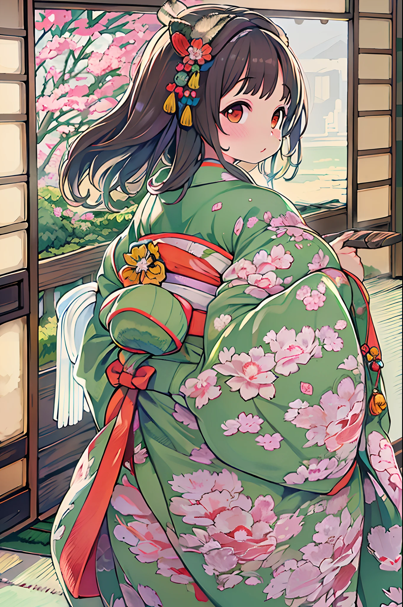 (8K, Best Quality, masutepiece, Ultra high definition: 1.2),Kimono,traditional Japanese room,Hakama,fullllbody、huge-breasted、bbw