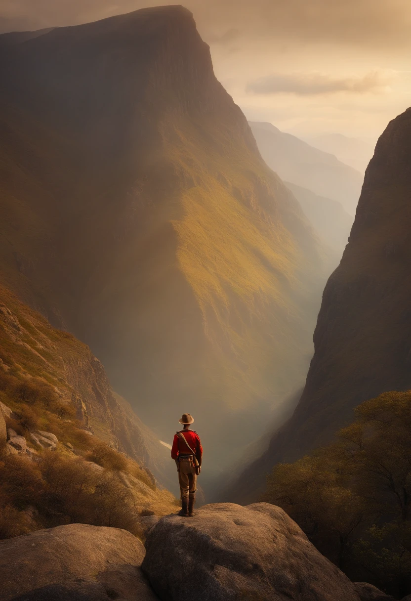 A boy scout is standing on a mountain and looking down on land with Robert Stephenson Smyth Baden-Powell