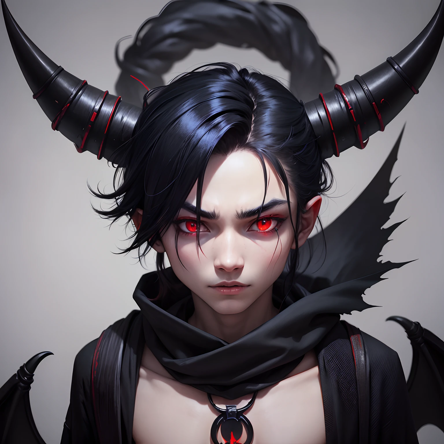 Demon Boy, Black colored hair, red - eyed, A blue scarf wrapped around his neck, Ancient black clothing, Black horns, Devilish black tail，There is hair at the end, Long ears, White Skin Skin, Large black wings, Hanging in space.