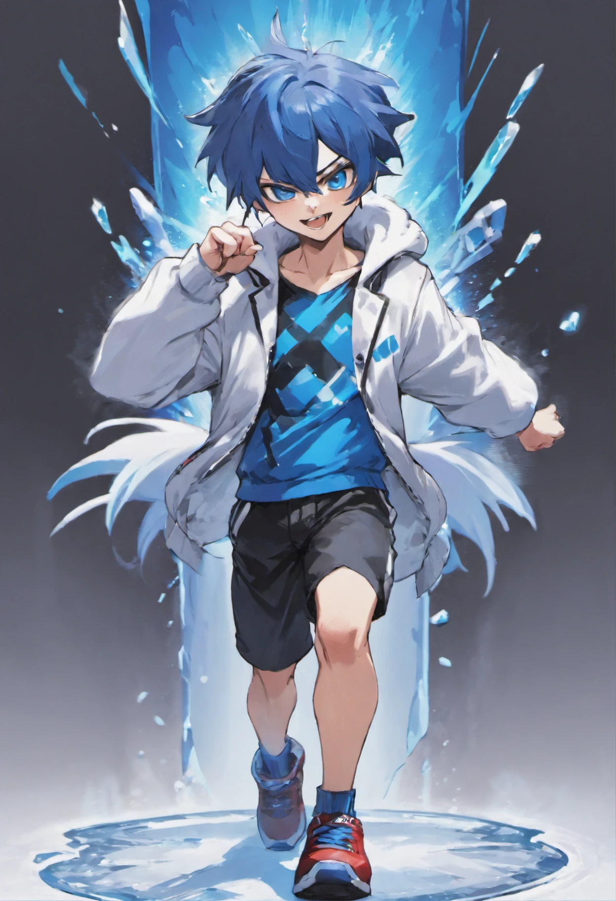 1boys, ( old), Blue hair, Short hair, Blue fox ears, Blue fox tail, White jacket, Blue shirt, Black shorts, Red sneakers, full bodyesbian, standing, (Happy smile), Power on ice, Gacha card background, Juvenile pose, Blue eyes