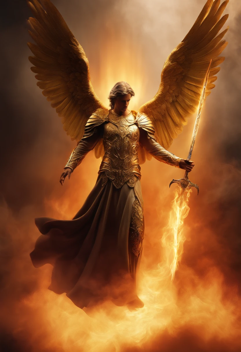 Ultra-realistic angelic figure: A golden angel with wings spread with a fiery sword in his hand in a gloomy, dark smoke setting