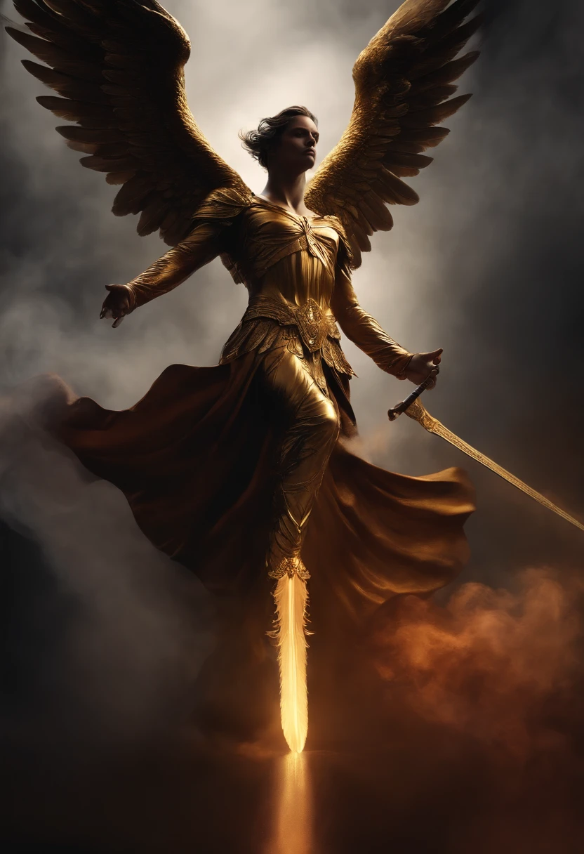 Ultra-realistic angelic figure: A golden angel with wings spread with a fiery sword in his hand in a gloomy, dark smoke setting