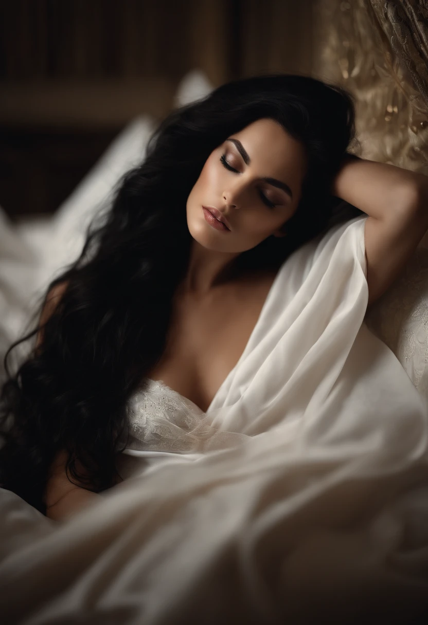 Lying in bed long black hair de pele branca Wrapped in sheets Looking over here