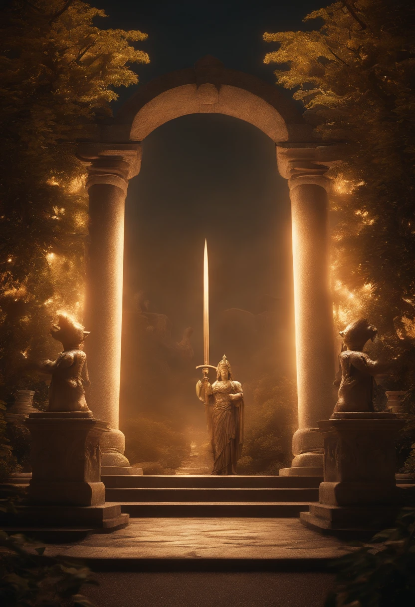 Entrance to the Garden of Eden、Cherubim statues on both sides of the gate and、Place the sparkling sword flame、