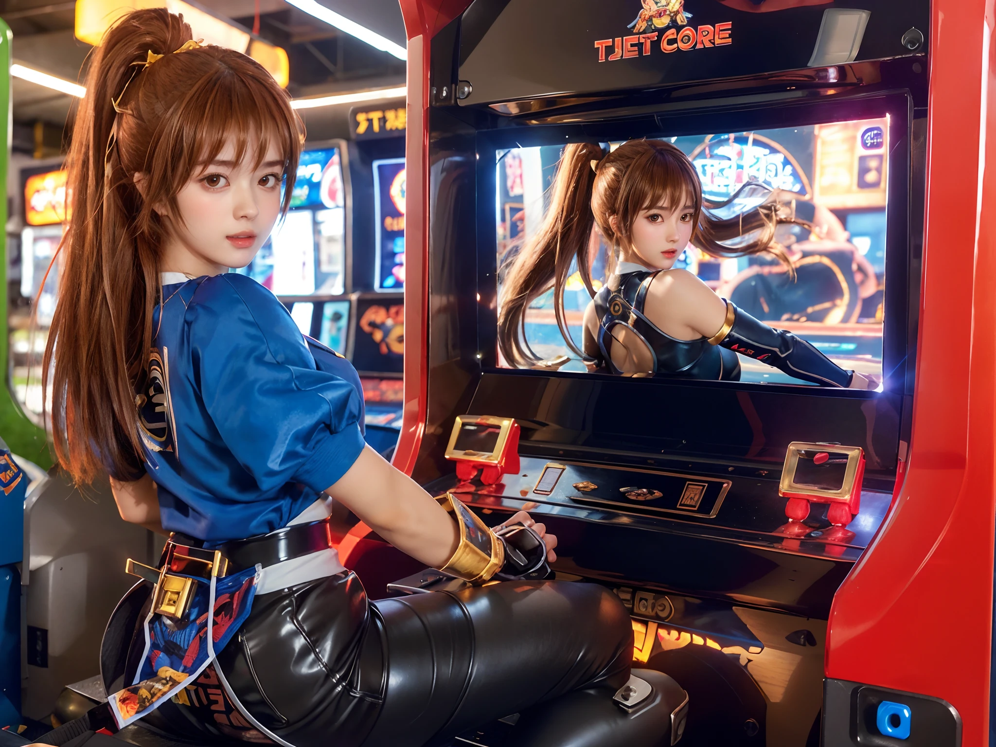 1girl, KasumiDOA, analog technology, mechanical delay,  sitting，look back，play arcade game,  arcade ，masterpiece, best quality, high quality, extremely detailed，anatomy correct