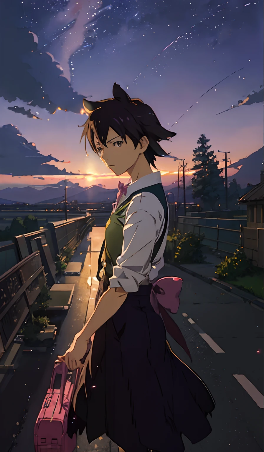 (((Makoto Shinkai style)),pixiv,anime drawing,high quality,pink purple sky,beautiful scene),(universe,train passing,magical realism,((makoto shinkai style)) ::0.8), [Artistic Atmosphere, Atmosphere:0.8, Starry Sky, Hills, Snow Mountain, Sparkling Water, Grass, Trees, Smoke, Stars, Low Angle of View, Specular Scattering,