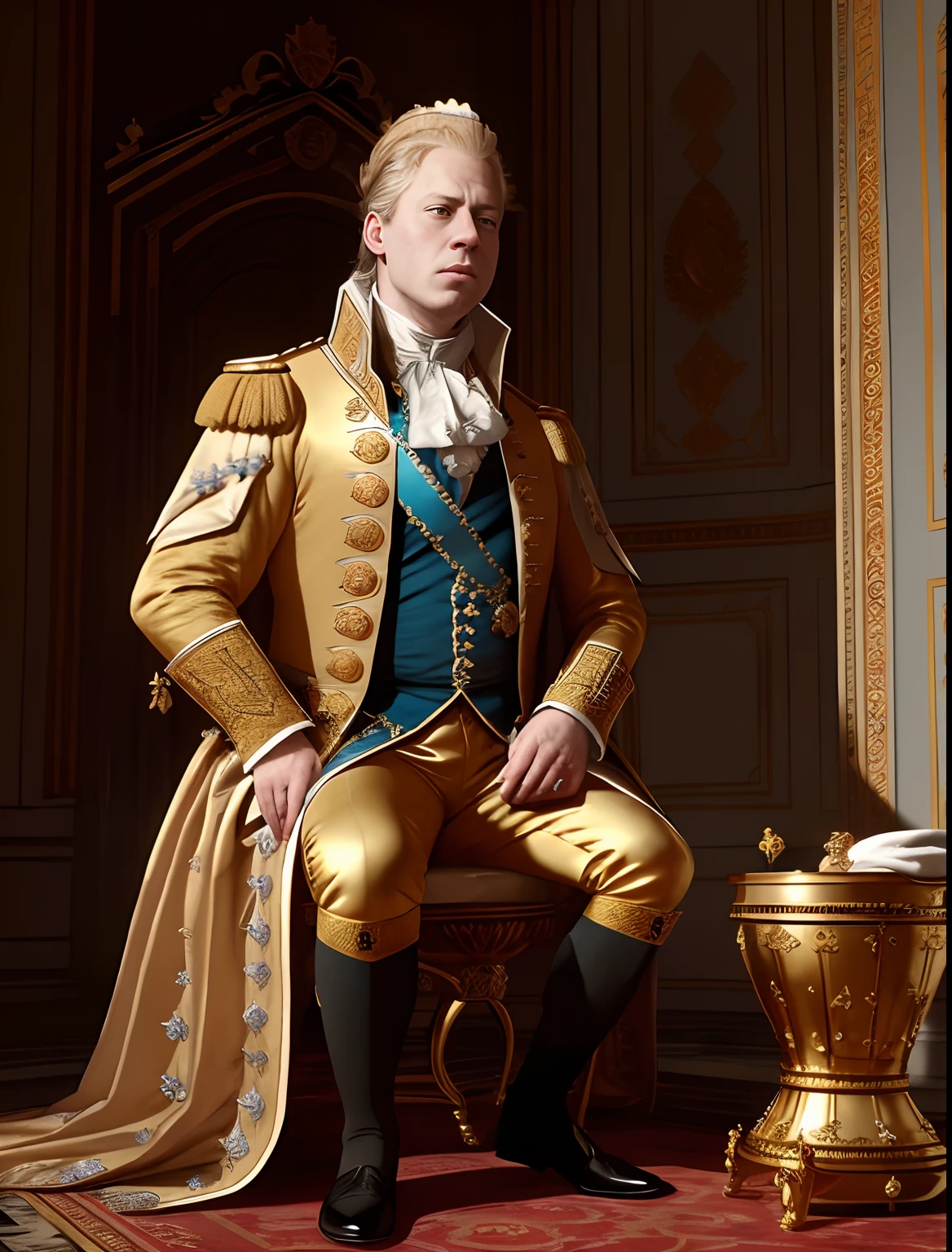 {King George III in his royal attire and iconic powdered wig, sitting on his royal toilet with an extremely exhausted facial expression}, Realistic Style inspired by Greg Rutkowski, Art Station Influencer, Wide Angle Lens, Medium Shot, (Highly Detailed:1.25), (Natural Light:0.8), (4K Resolution:1.15), (Royal Attire:1.3)