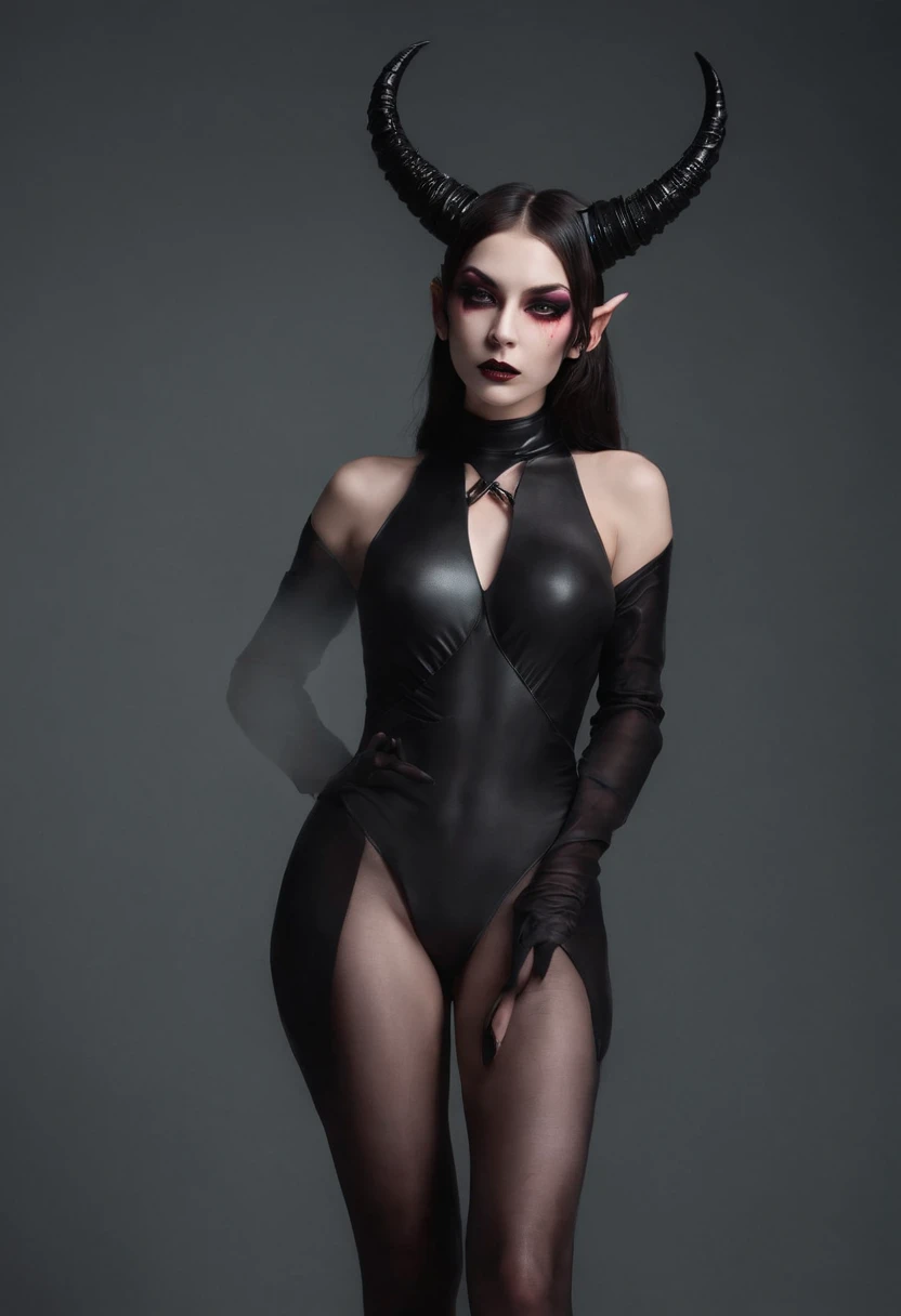 demon woman with horns dressed in thong bodysuit posing for a photo in a dark minimal studio, perfect body, sensual pose, darksynth aesthetic, minimal background, goth makeup, bizarre fashion photography, ultra detailed, masterpiece.