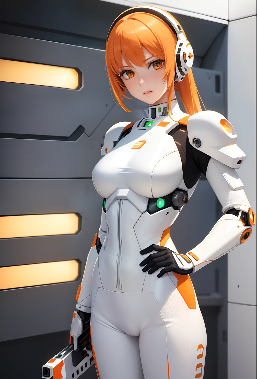 a woman in a white and orange suit with a gun, beutiful white girl cyborg, beutiful girl cyborg, perfect android girl, cute cyborg girl, cyborg girl, android heroine, cyborg - girl, female cyborg, portrait armored astronaut girl, young lady cyborg, scifi woman, girl in mecha cyber armor, sci-fi android female, beautiful female android