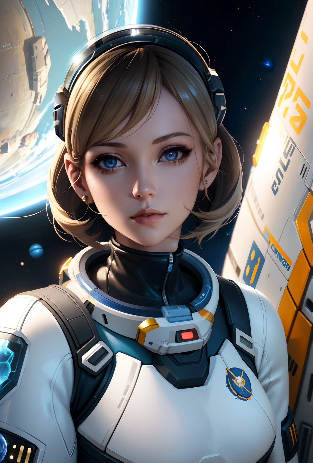 a close up of a blonde woman in a space suit with a planet in the background, portrait armored astronaut girl, scifi woman, portrait anime space cadet girl, sci-fi female, sci fi female character, wojtek fus, inspired by Eve Ryder, high definition cgsociety, epic sci - fi character art, echo from overwatch, epic sci-fi character art