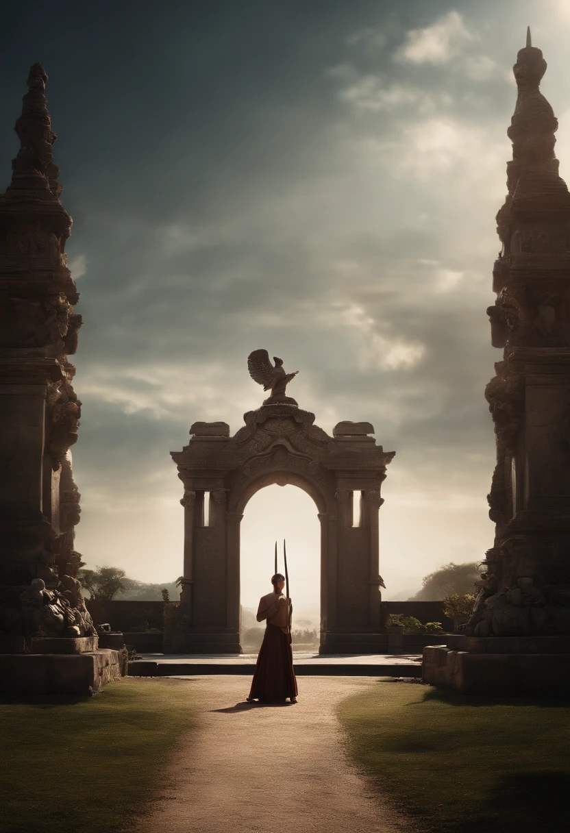 Entrance to the Garden of Eden、Cherubim statues on both sides of the gate and、Place the sparkling sword flame、