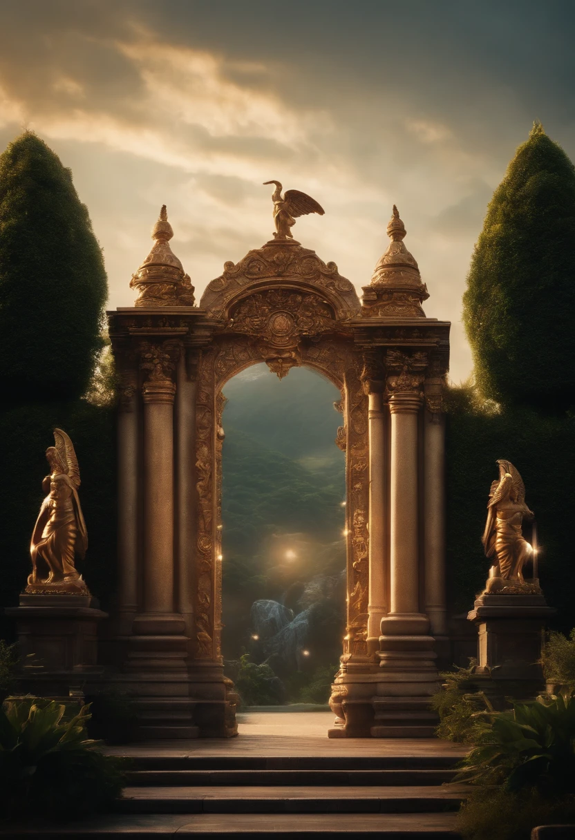 Entrance to the Garden of Eden、Cherubim statues on both sides of the gate and、Place the sparkling sword flame、