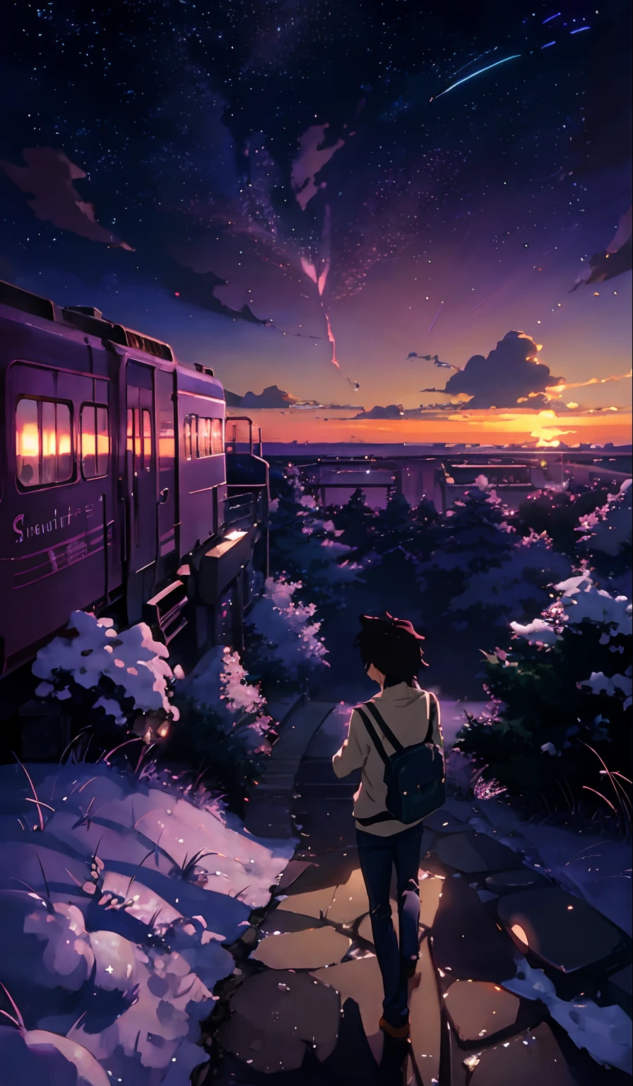 (((Makoto Shinkai style)),pixiv,anime drawing,high quality,pink purple sky,beautiful scene),(universe,train passing,magical realism,((makoto shinkai style)) ::0.8), [Artistic Atmosphere, Atmosphere:0.8, Starry Sky, Hills, Snow Mountain, Sparkling Water, Grass, Trees, Smoke, Stars, Low Angle of View, Specular Scattering,