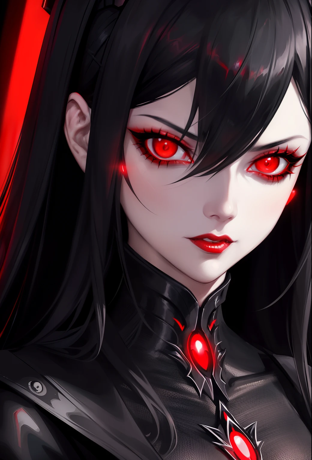 a close up of a woman in a black dress with red eyes, dark fantasy style art, darksynth character portrait, with glowing red eyes, with red glowing eyes, wlop | artgerm, cyberpunk dark fantasy, artgerm detailed, holy cyborg necromancer girl, dark fantasy portrait, artgerm portrait, ig model | artgerm