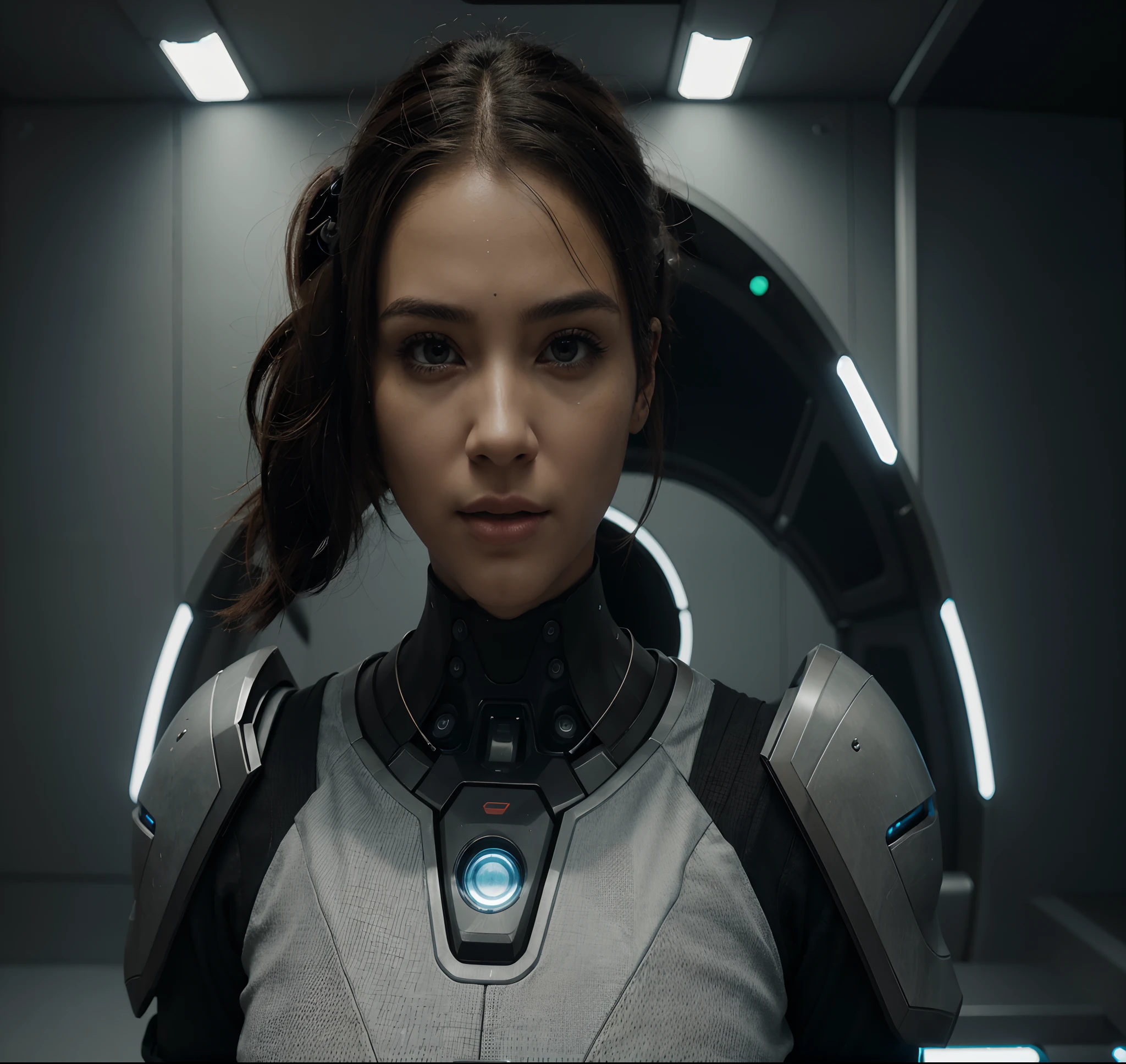 Using the most advanced artificial intelligence technology, I request the creation of an image of a character for a futuristic game. This character should embody the vision of a futuristic world, displaying distinct characteristics and a style that integrates seamlessly into the game's environment.

A personagem deve ser projetada com detalhes precisos, from facial appearance to futuristic elements of clothing and equipment. Clothing and accessories should reflect the context and advanced technology of the game universe.

Por favor, Make sure the image demonstrates an advanced level of detail, Enhancing Facial Features, texturas e, especialmente, os elementos futuristas da vestimenta e equipamento, with technical mastery.
