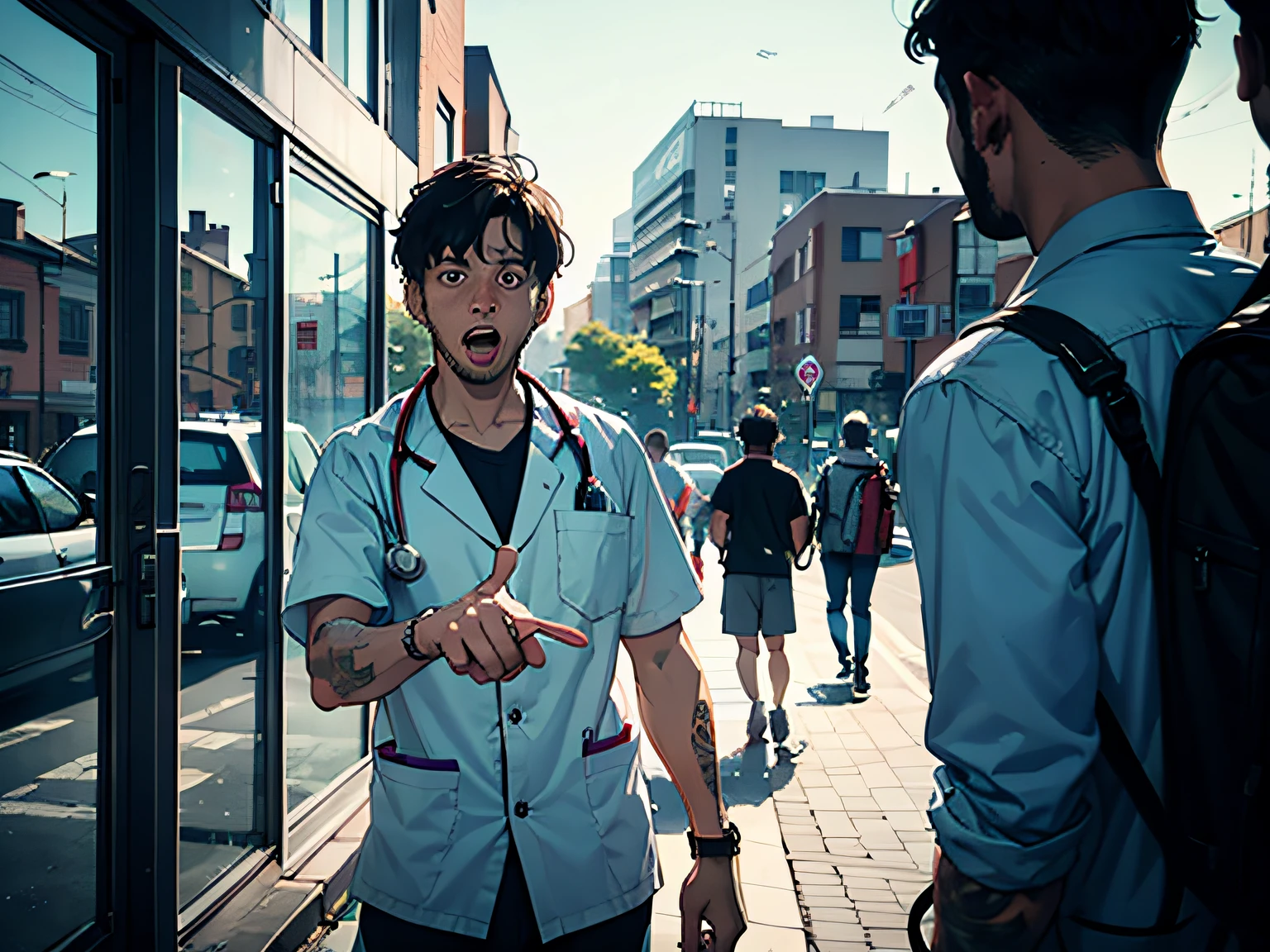 hospital in background,of a guy,The expression is crazy,People around you point fingers