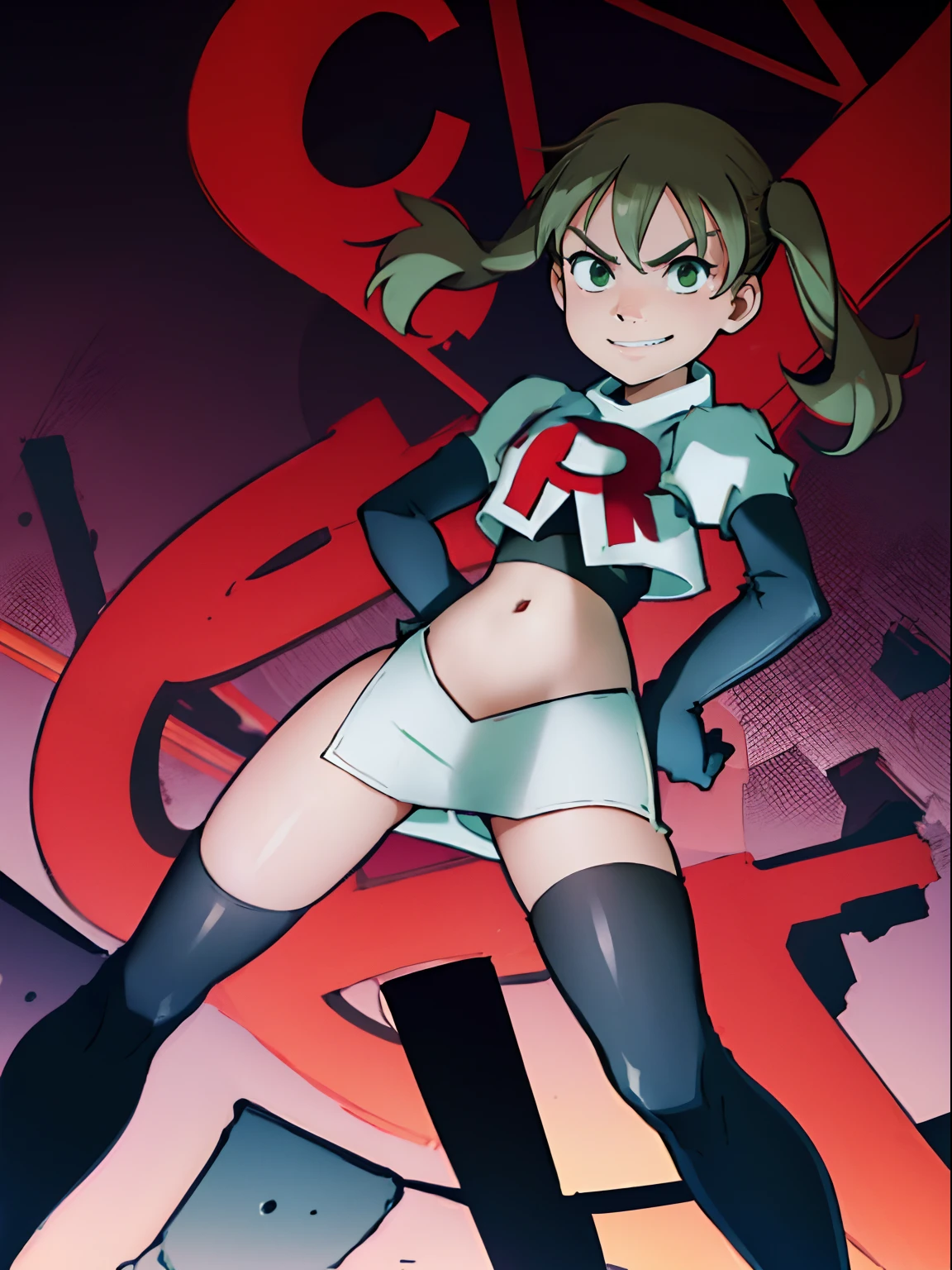 maka albarn, twintails, team rocket,team rocket uniform, red letter R, white skirt,white crop top,black thigh-highs,black elbow gloves, evil smile, hands on hips