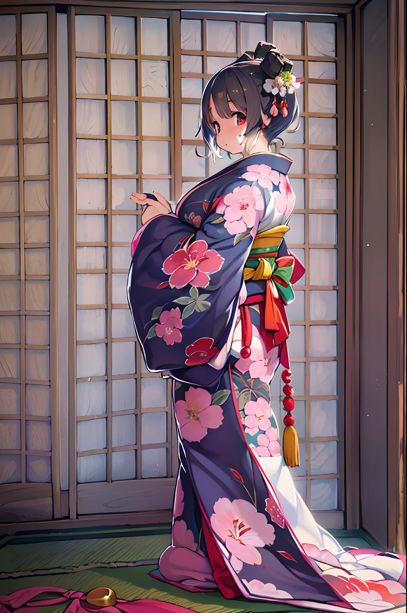 (8K, Best Quality, masutepiece, Ultra high definition: 1.2),Kimono,traditional Japanese room,Hakama,fullllbody、huge-breasted、bbw
