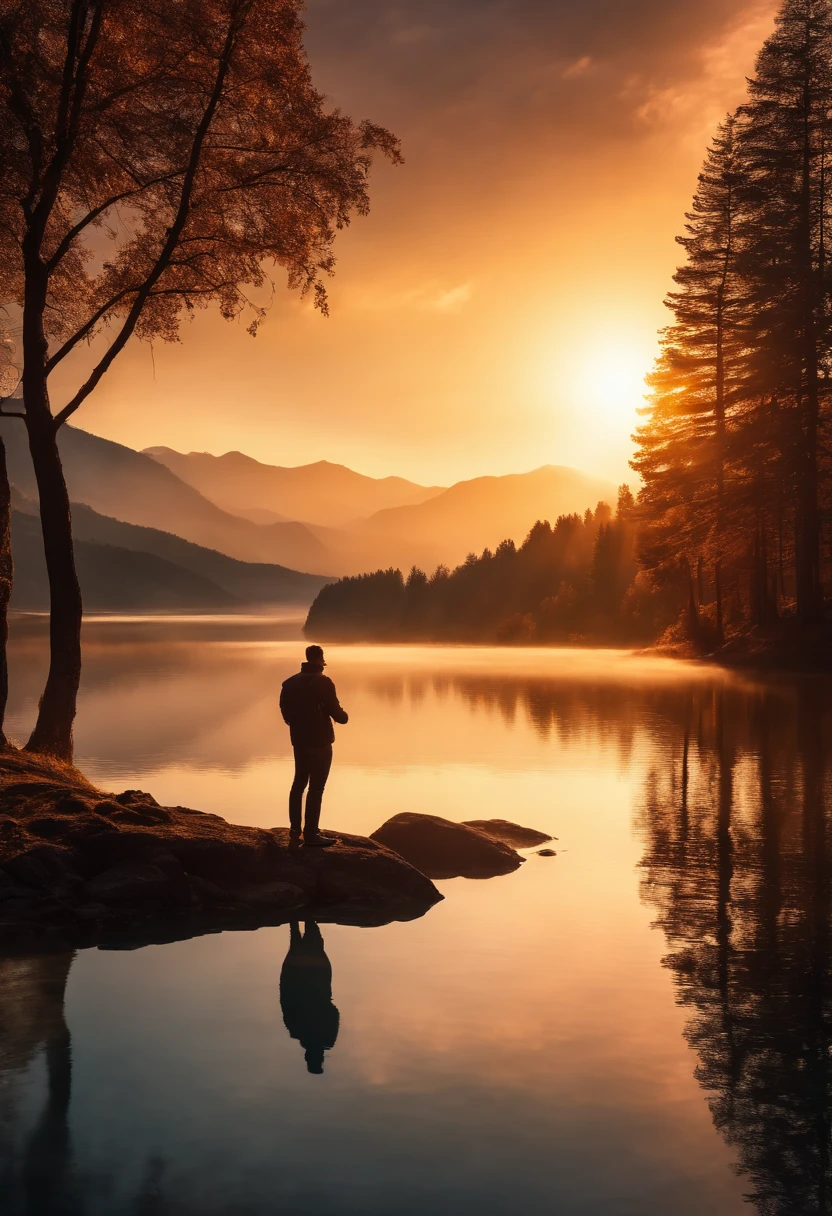 hight resolution (8k).
Landscape with beautiful sunset.
Traveler at the top of the mountain.
Harmony with nature.
A man in a deep conversation with a local.
Reflection in the lake.
Light Shines Through the Trees.
natural lightin.
Fully immersed in the moment.