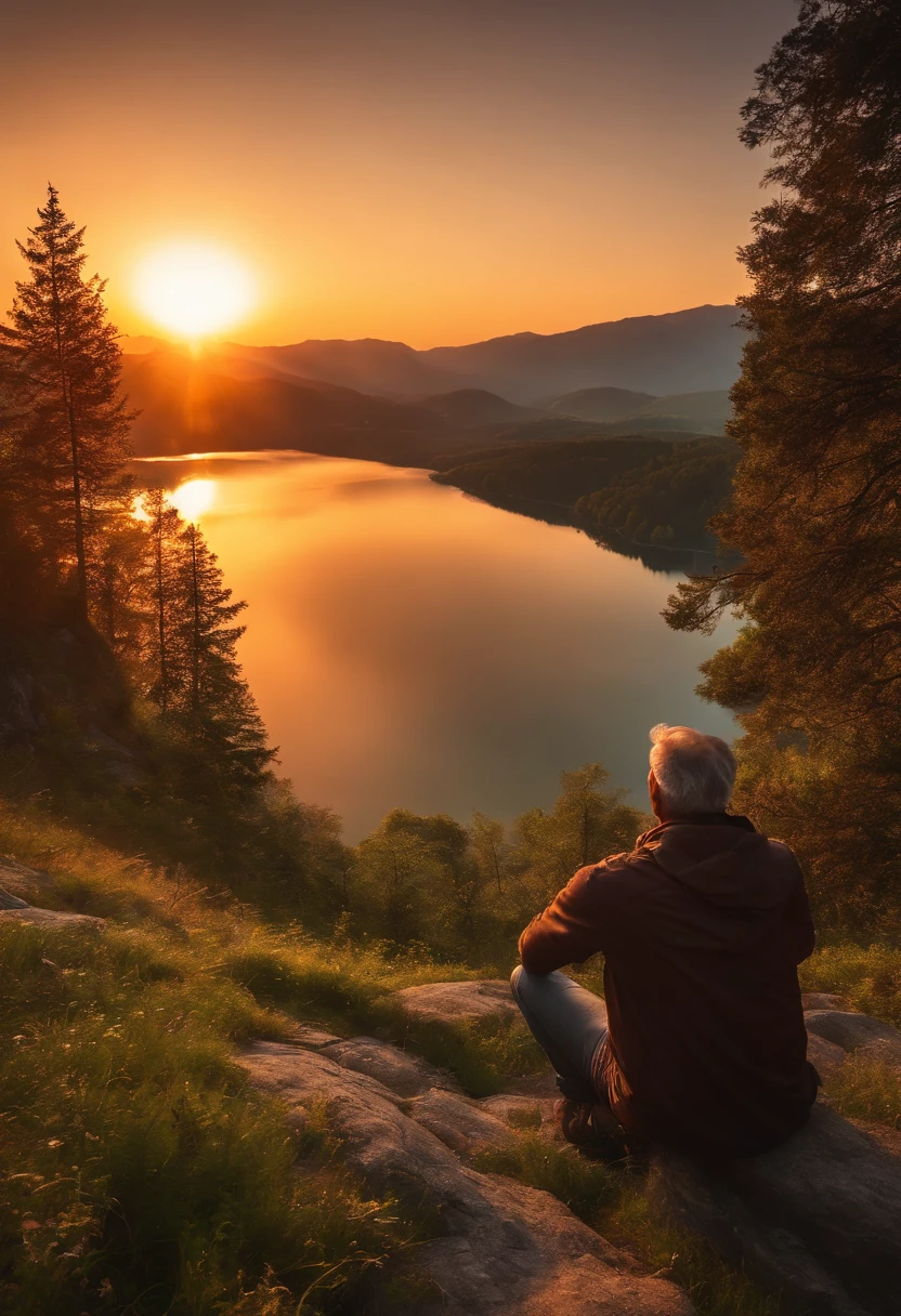 Un hombre barbudo sentado en una roca con vista a un lago al atardecer ...