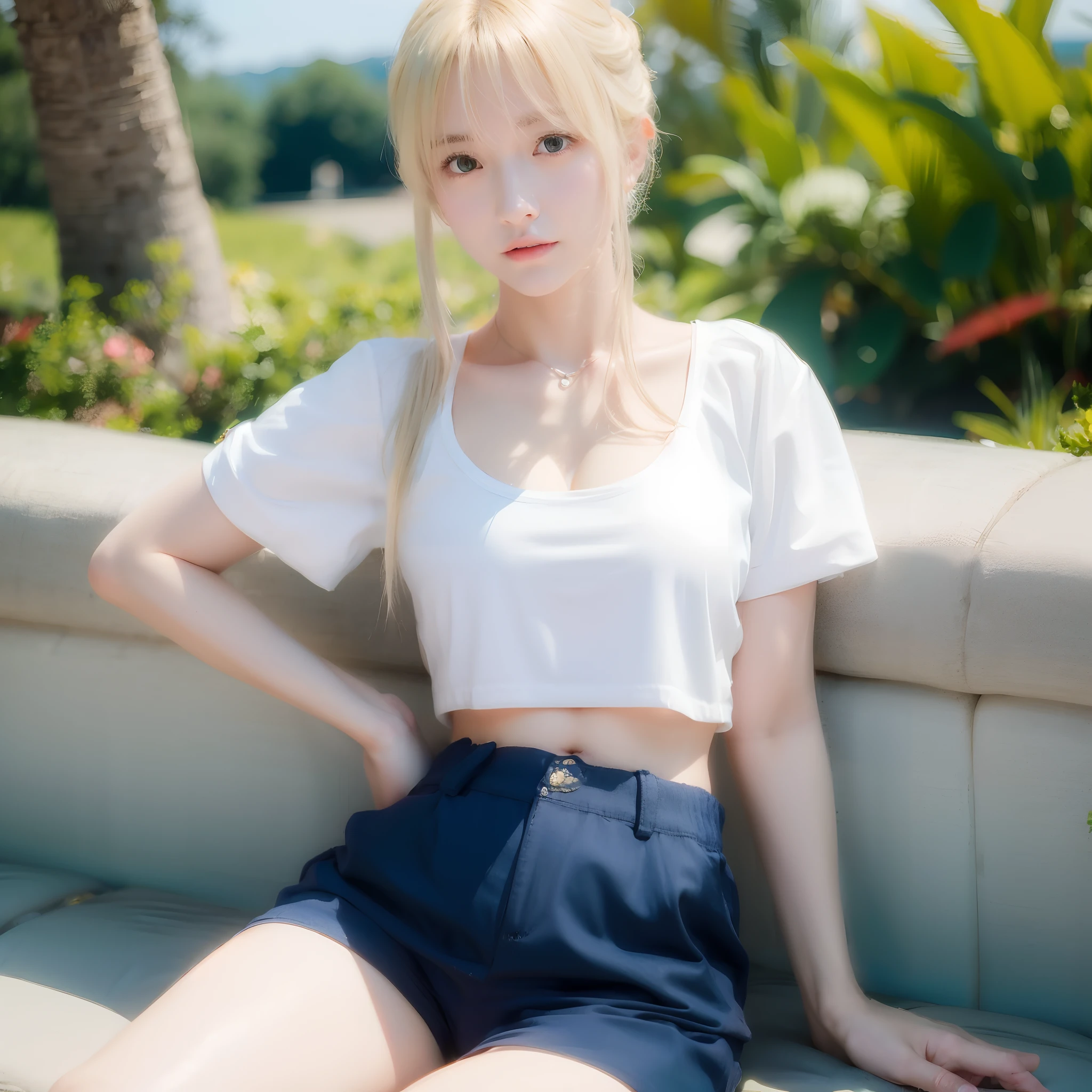 (masterpiece:1.4), (best quality:1.4), realistic, 1girl, artoria pendragon \(fate\) , short shorts, white shirt,  beach, cleavage,crop top