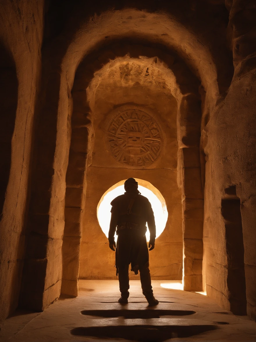 Technological and Futuristic Aesthetics of the Stargate: The Stargate should look highly technological, with a shiny, pulsating metallic surface. Lighting details on the edges can enhance its technological aspect. Scientist Explorer on the Edge of the Stargate: O cientista explorador deve estar na frente do Stargate, holding a technological device and looking back with a surprised look as he walks through the portal. ancient inscriptions: The Stargate must have mysterious ancient inscriptions on its surface, adicionando um toque de antiga sabedoria. cave scenery: Tudo acontece no interior de uma caverna escura, com estalactites e estalagmites, criando uma atmosfera misteriosa. Ambiente Sinistro: A caverna deve ter um toque sinistro, with mysterious shadows and an unearthly glow in the inscriptions. Dramatic Lighting Effects: Use dramatic lighting to create contrast between light and dark, destacando o Stargate e o viajante. Detalhes do Equipamento do Viajante: The traveler must be equipped with futuristic devices and costumes that suggest preparation for time travel, including buttons and flashing lights.