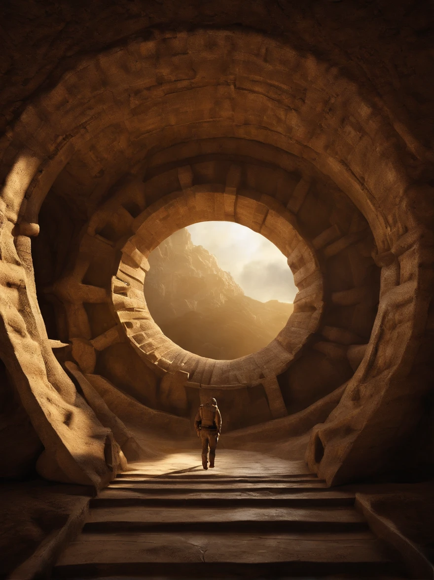 Technological and Futuristic Aesthetics of the Stargate: The Stargate should look highly technological, with a shiny, pulsating metallic surface. Lighting details on the edges can enhance its technological aspect. Scientist Explorer on the Edge of the Stargate: O cientista explorador deve estar na frente do Stargate, holding a technological device and looking back with a surprised look as he walks through the portal. ancient inscriptions: The Stargate must have mysterious ancient inscriptions on its surface, adicionando um toque de antiga sabedoria. cave scenery: Tudo acontece no interior de uma caverna escura, com estalactites e estalagmites, criando uma atmosfera misteriosa. Ambiente Sinistro: A caverna deve ter um toque sinistro, with mysterious shadows and an unearthly glow in the inscriptions. Dramatic Lighting Effects: Use dramatic lighting to create contrast between light and dark, destacando o Stargate e o viajante. Detalhes do Equipamento do Viajante: The traveler must be equipped with futuristic devices and costumes that suggest preparation for time travel, including buttons and flashing lights.