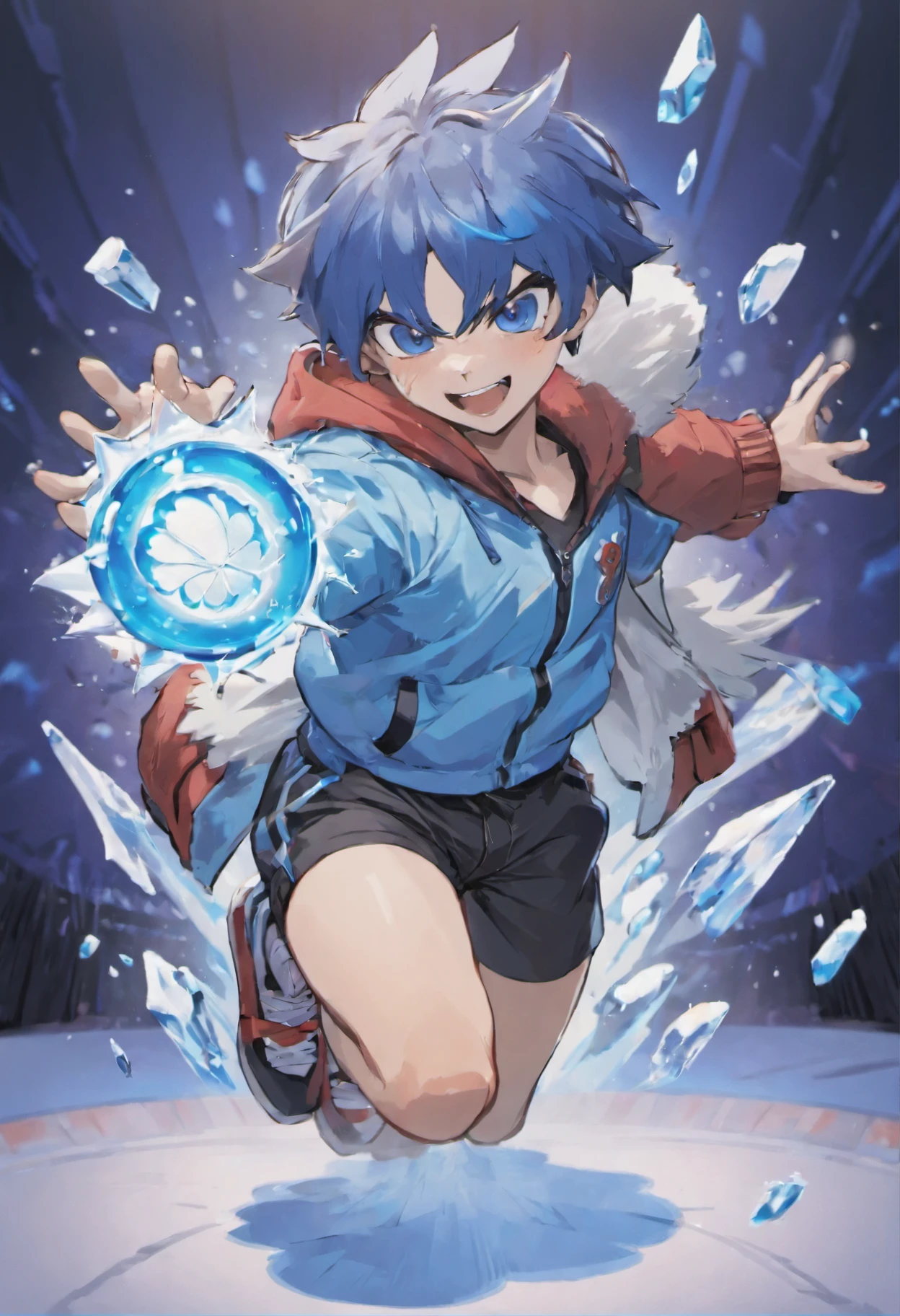 1boys, (16 yaers old), Blue hair, Short hair, Blue fox ears, Blue fox tail, White jacket, Blue shirt, Black shorts, Red sneakers, full bodyesbian, standing, (Happy smile), Power on ice, Gacha card background, Juvenile pose, Blue eyes