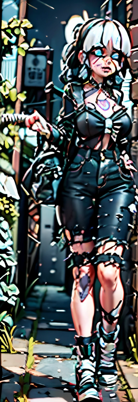 there is a young girl in a costume standing in front of a mirror, wearing a punk outfit, dressed in crustpunk clothing, punk outfit, dressed in a frilly ((ragged)), 1 7 - year - old goth girl, dressed in punk clothing, frilly outfit, full body picture, gothic outfit, mall goth