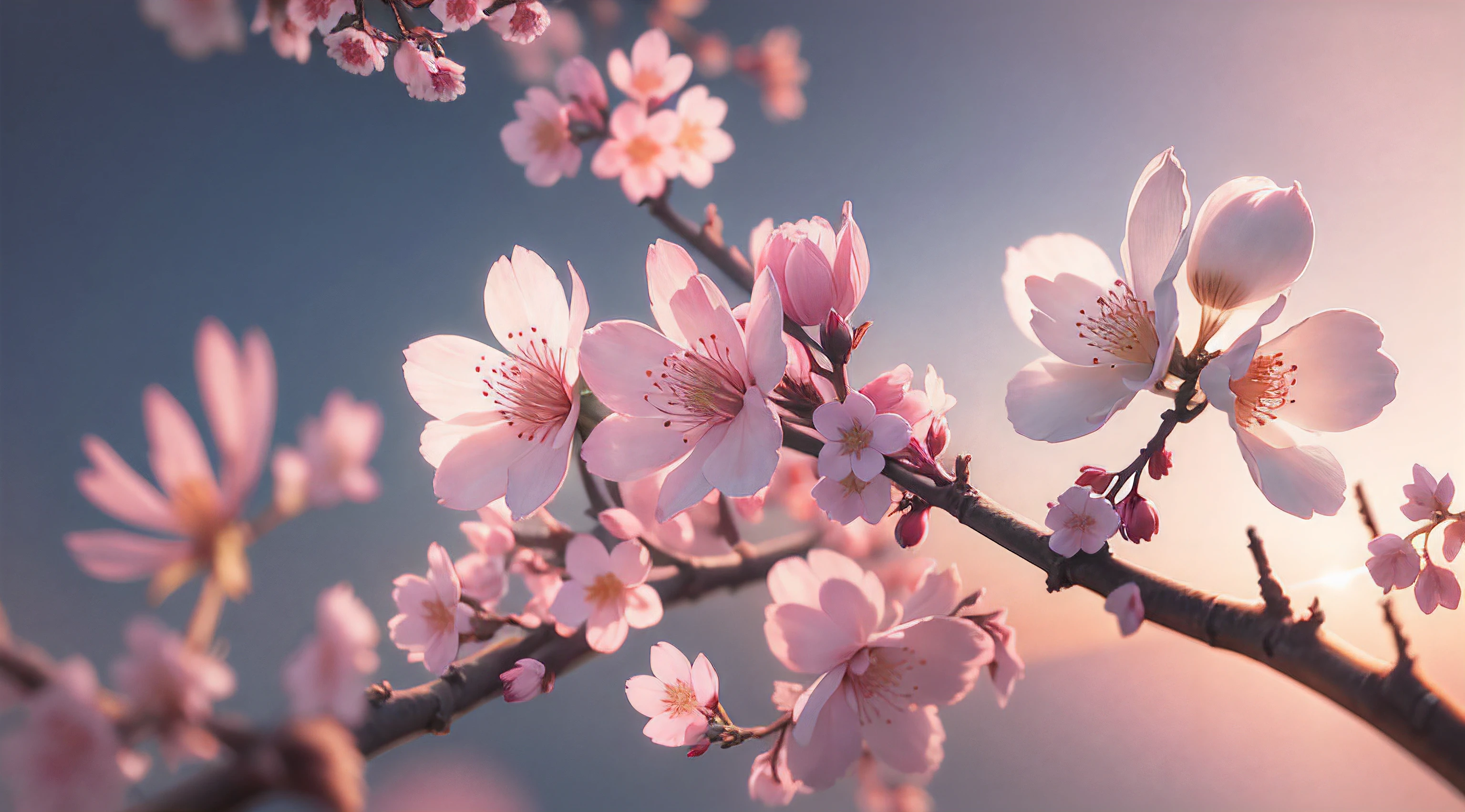 Creates a high-resolution image of a cherry blossom on a beautiful sunset afternoon, close up, ultra detailed, 8K, Sunshine Lights