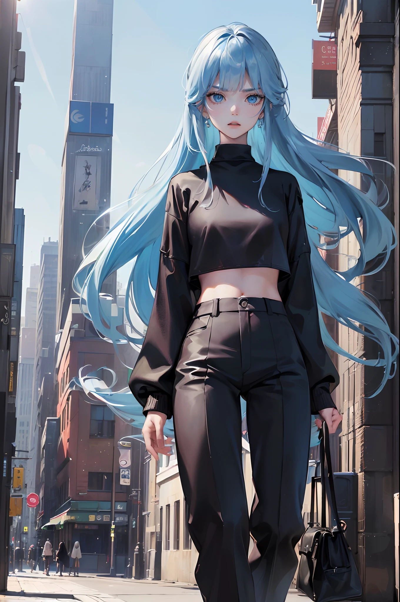 (4K works))、​masterpiece、(top-quality)、((Walking in the city in the daytime))、During the walk、Korean female、adult  woman、big sister、((Adult female 26 years old))、((Face similar to Hyun Jin))、cool lady、tall、((Wild look))、((Strong eyes))、((angry expressions))、((Black long sleeve long trouser style))、((Adult Sweater Fashion))、((smaller face))、Slim body、((Bad girl))、(((Sky blue long hair))、((Blue Eyes))、((Shot from diagonally in front))、((Shot alone))、((Solo Photography))、((She standing in the middle of the city))、((Model photo))