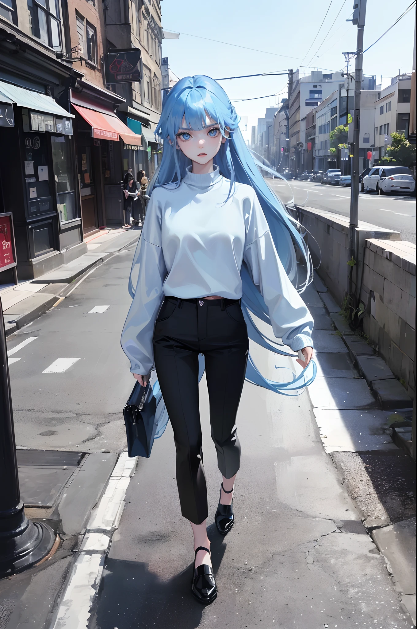 (4K works))、​masterpiece、(top-quality)、((Walking in the city in the daytime))、During the walk、Korean female、adult  woman、big sister、((Adult female 26 years old))、((Face similar to Hyun Jin))、cool lady、tall、((Wild look))、((Strong eyes))、((angry expressions))、((Black long sleeve long trouser style))、((Adult Sweater Fashion))、((smaller face))、Slim body、((Bad girl))、(((Sky blue long hair))、((Blue Eyes))、((Shot from diagonally in front))、((Shot alone))、((Solo Photography))、((She standing in the middle of the city))、((Model photo))