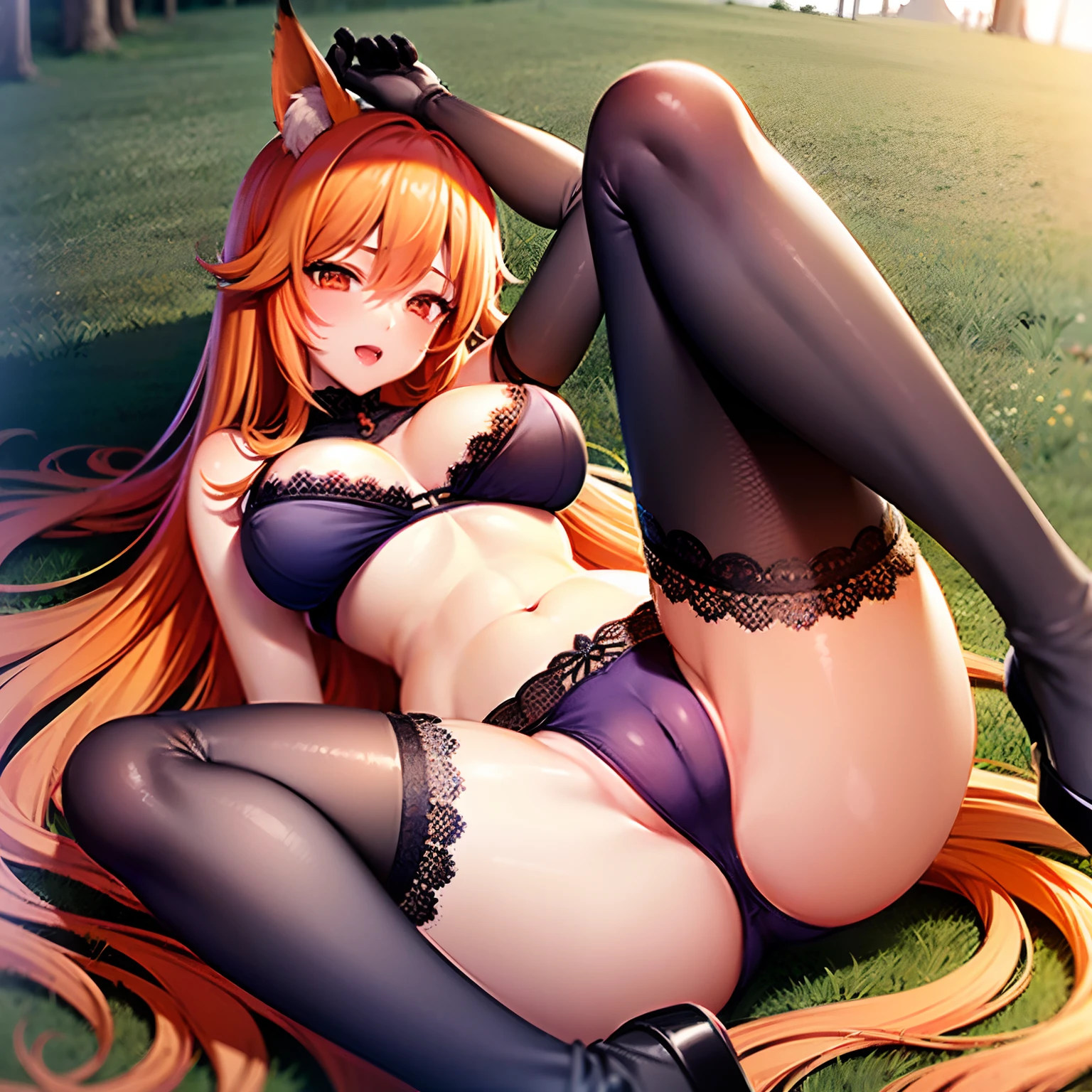 (1 girl), (best quality)++, (intricate detail)+, (masterpiece)++, (large breasts), (very long orange hair)++, (orange eyes), (fox ears), (black thighhighs)+, (field)+, (flowers)+, (distant treeline), (lying down)++, (open mouth), (happy)+++, (cameltoe)+, (nipple shape), (lacy purple bra)++, (lacy purple panties)++, (breeze)