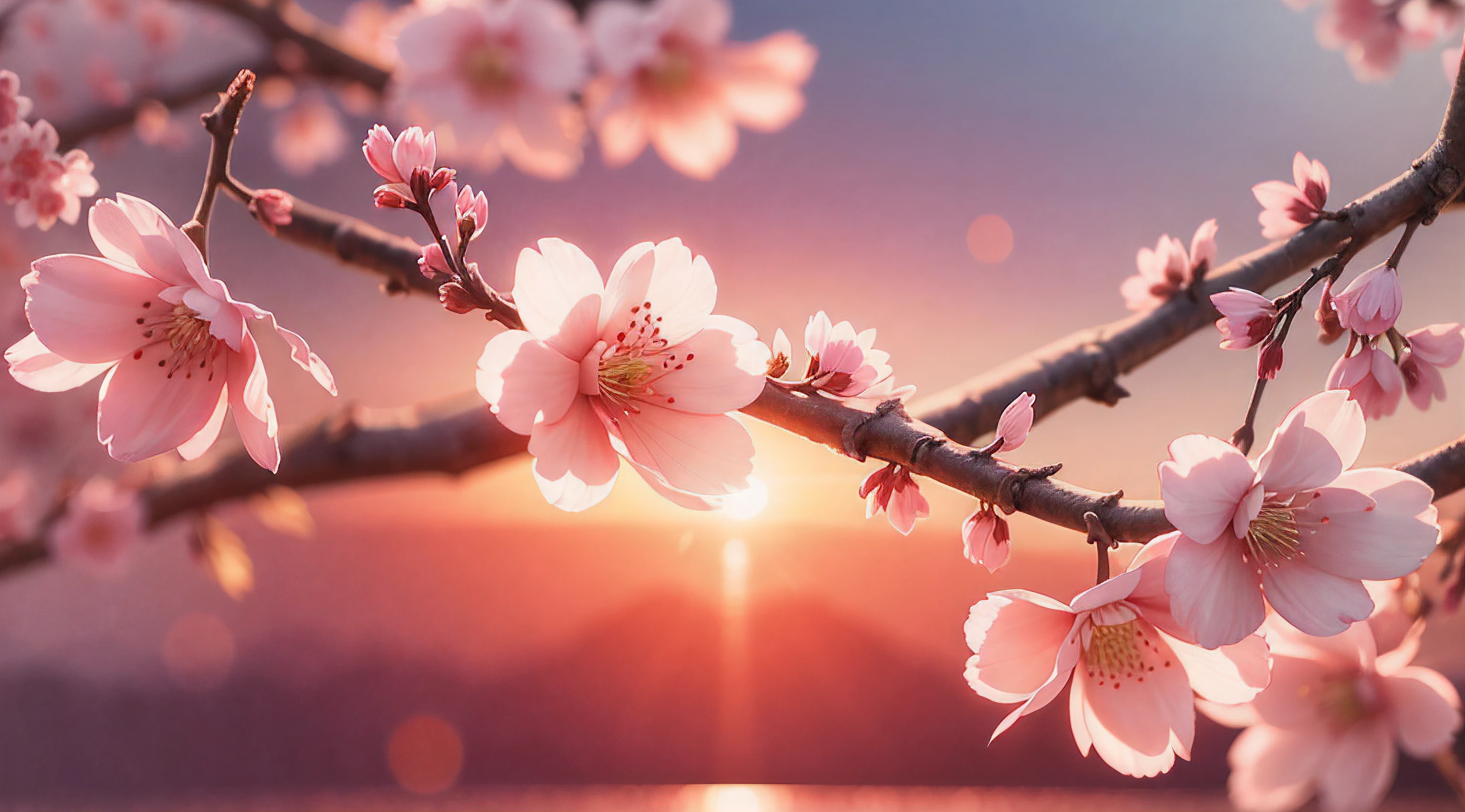 Creates a high-resolution image of a cherry blossom on a beautiful sunset afternoon, close up, ultra detailed, 8K, Sunshine Lights