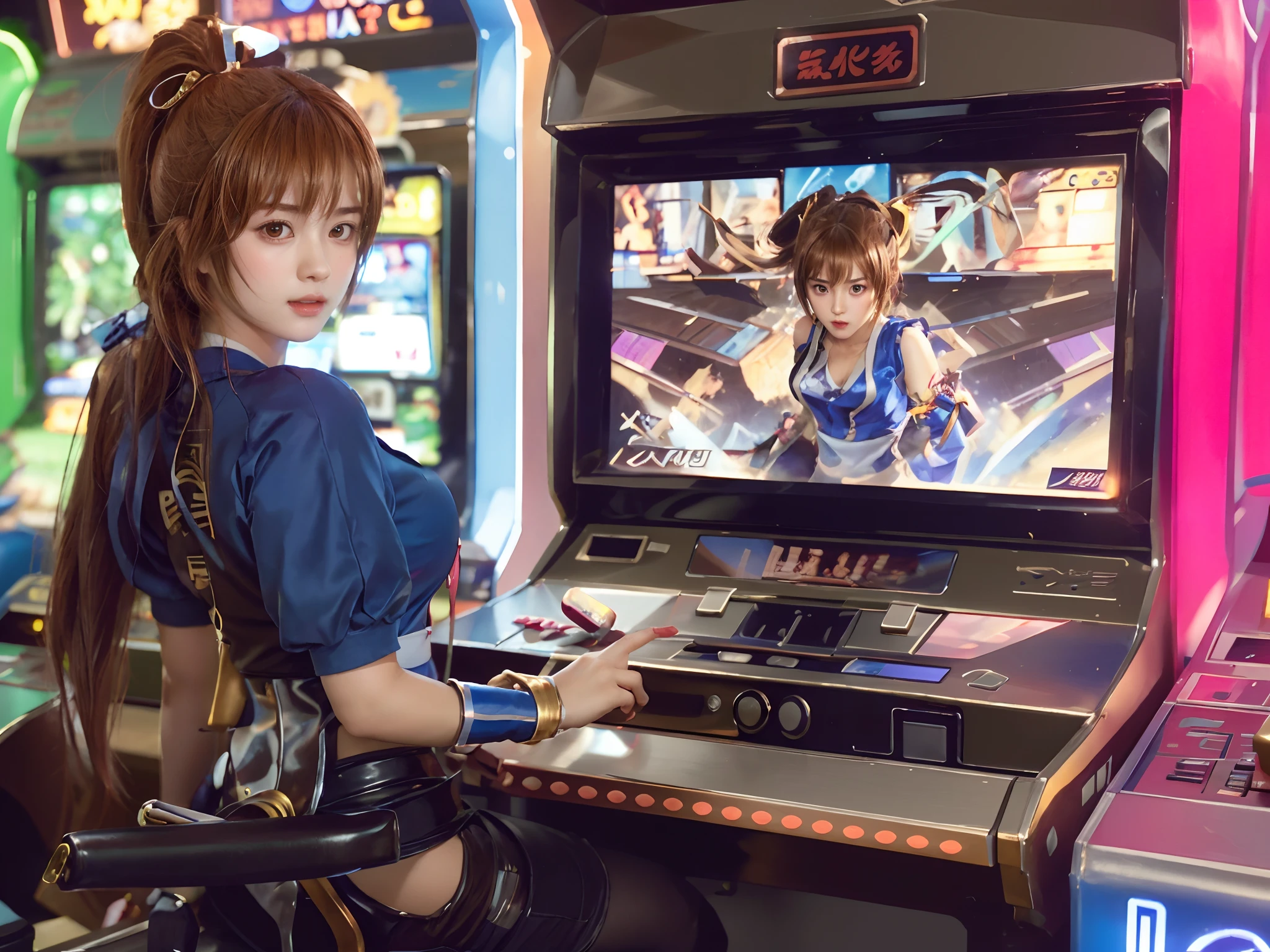 1girl, KasumiDOA, analog technology, mechanical delay,  sitting，look back，play arcade game,  arcade ，masterpiece, best quality, high quality, extremely detailed，anatomy correct