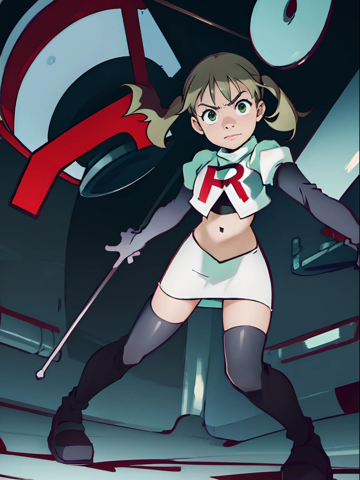 maka albarn, twintails, team rocket,team rocket uniform, red letter R, white skirt,white crop top,black thigh-highs,black elbow gloves,