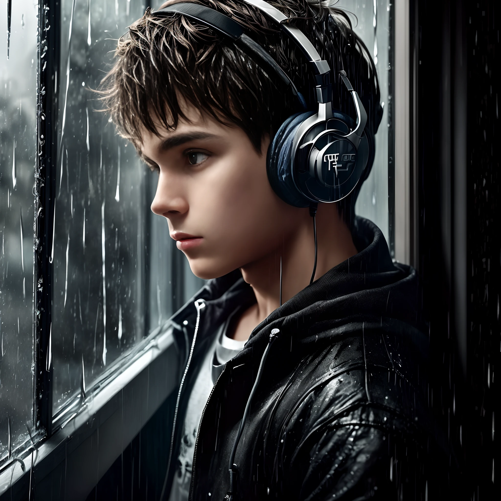 Boy Scutane de Musica with headphones, dark chamber, Rain on the window. wall-paper