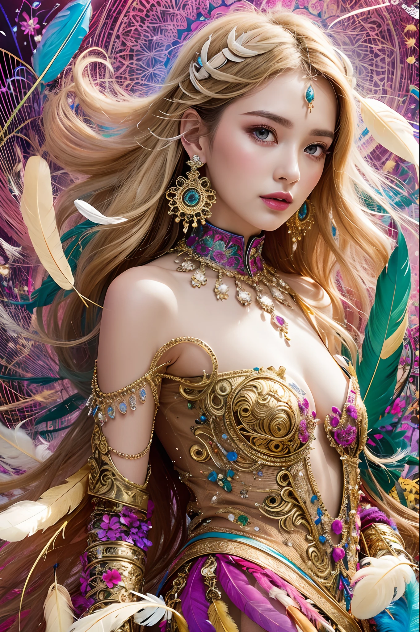 A girl with small breasts, bare shoulders, golden hair, colored feathers, metal ornaments, colored flowers, particles, light rays, (masterpiece, top quality, best quality, official art, beautiful and aesthetic:1.2), (1girl:1.3), extremely detailed,(fractal art:1.1),(colorful:1.1)(flowers:1.3),highest detailed,(zentangle:1.2), (dynamic pose), (abstract background:1.3), (shiny skin), (many colors :1.4), ,(earrings:1.4), (feathers:1.4)