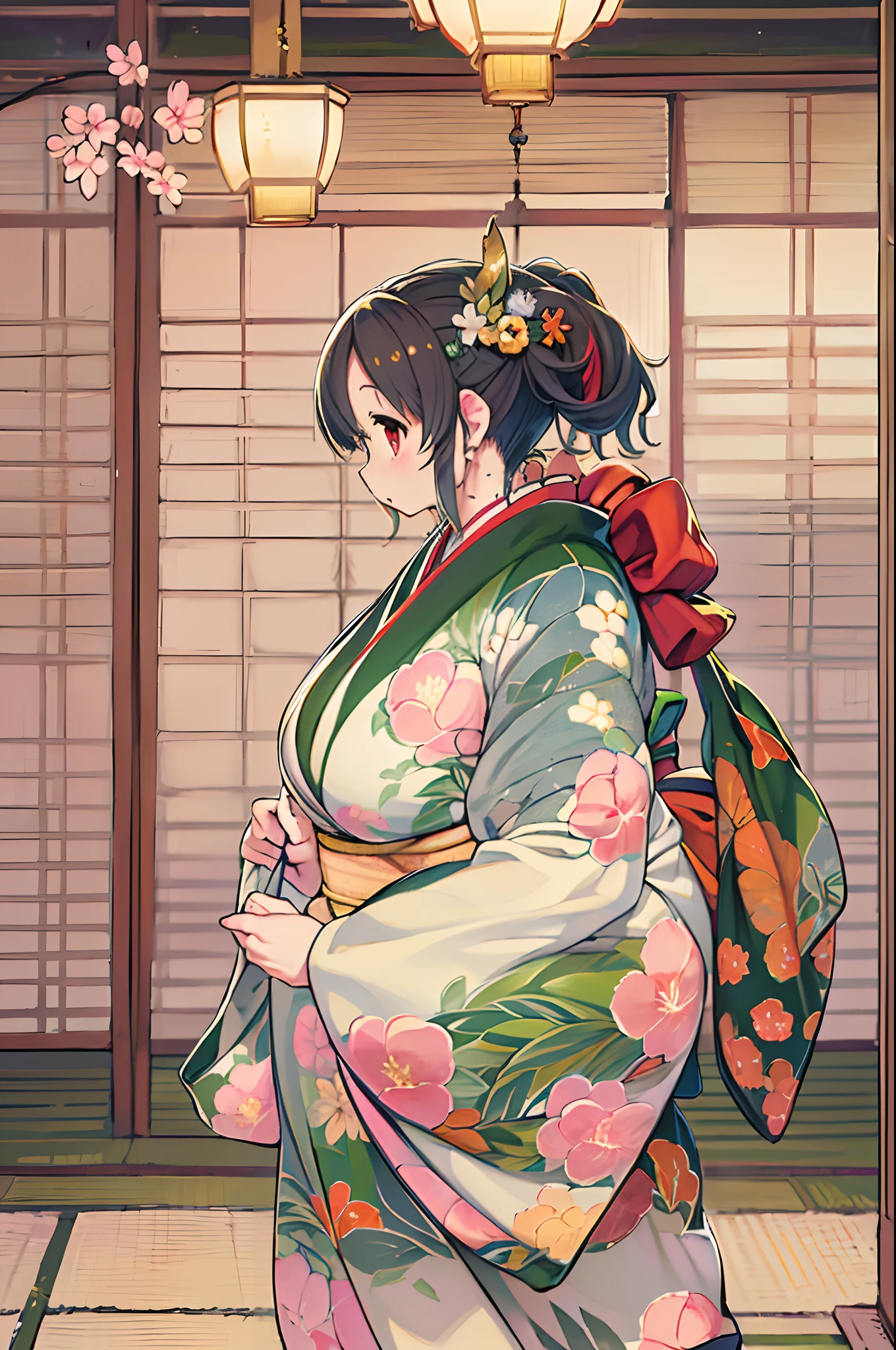 (8K, Best Quality, masutepiece, Ultra high definition: 1.2),Kimono,traditional Japanese room,Hakama,fullllbody、huge-breasted、bbw、BBW、Anime style