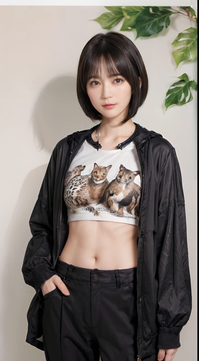 60
(a 20 yo woman,is standing), (A hyper-realistic), (masutepiece), ((A dark-haired、short-hair:1.3)), (Breast), Gentle expression, (Clothing printed with wild animal characters)
